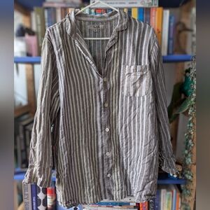 Flax Button Down Stripe Linen Shirt Lagenlook Coastal Size Medium
